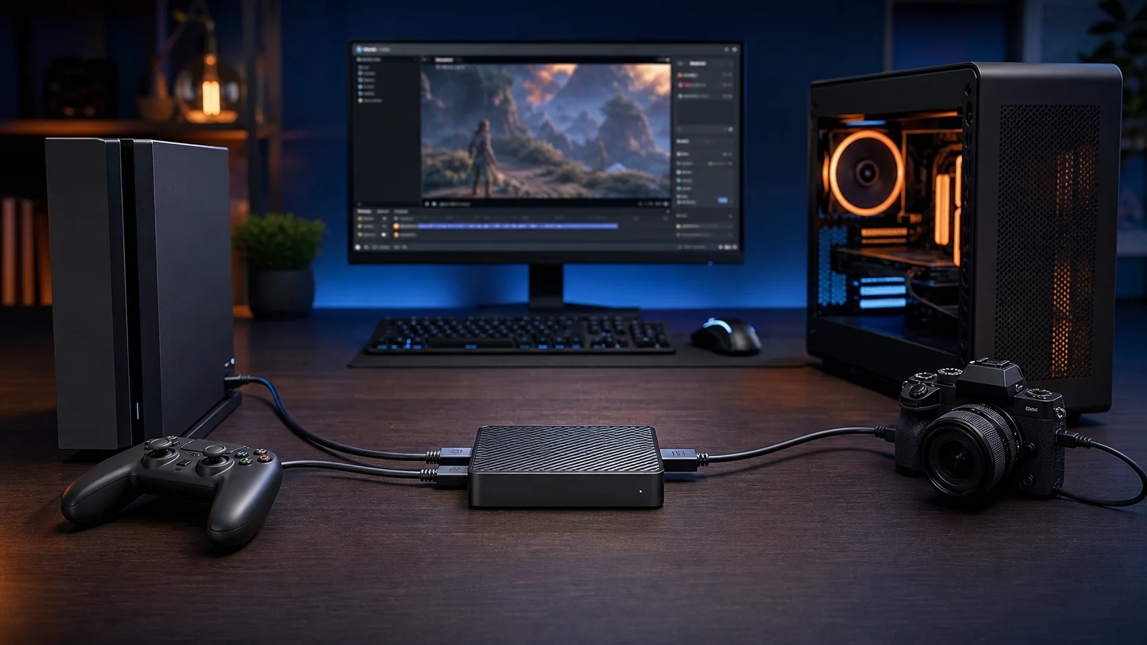 External capture card connecting a gaming source, camera, and streaming PC