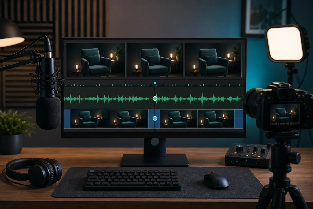 Streaming workstation with microphone waveform and camera frames aligned on a timeline