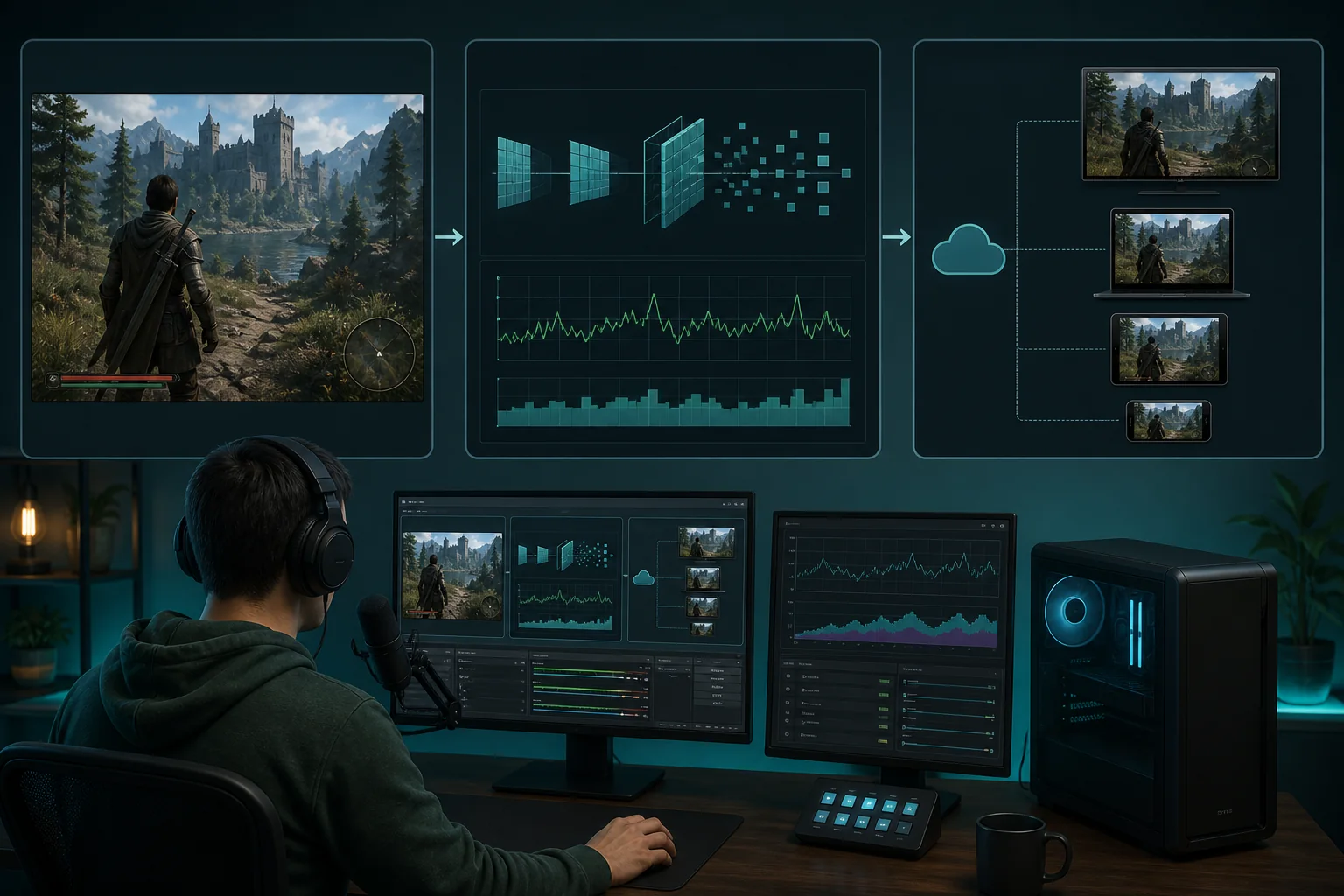 Streaming workstation showing game rendering, encoding and stream delivery stages