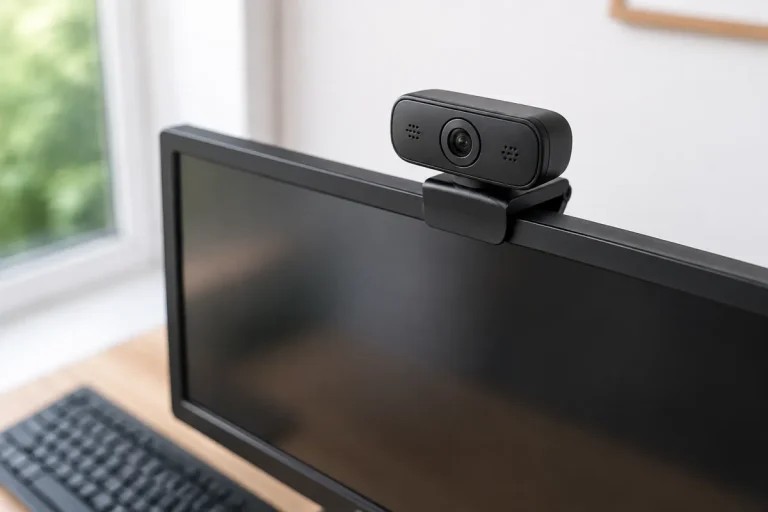 Compact webcam with a fixed lens and microphone perforations clipped to the top of a monitor