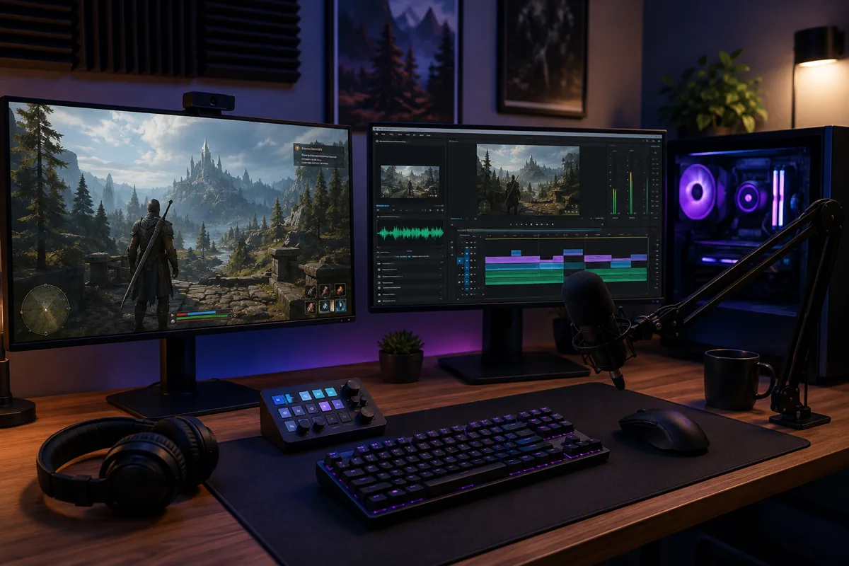 Gameplay recording desk with microphone, headphones and a monitor showing a preview and editing timeline