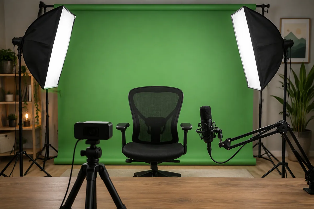 Home streaming setup with green backdrop, two softbox lights, webcam and microphone